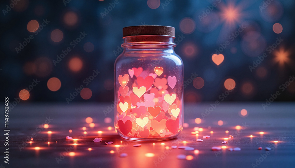 Jar filled with glowing hearts on wooden surface. Jar filled with glowing hearts on wooden surface.