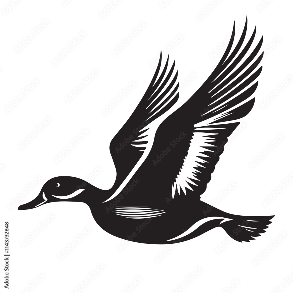 Flying duck silhouette isolated on white background, Minimal flying duck vector silhouette Flying duck silhouette isolated on white background, Minimal flying duck vector silhouette