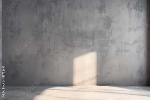 Sunlight illuminates empty room with textured concrete wall and floor. photo