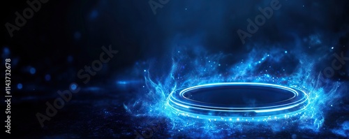 A glowing blue circular portal on a dark background, surrounded by a splash of radiant energy, evoking a sense of mystery and otherworldliness.