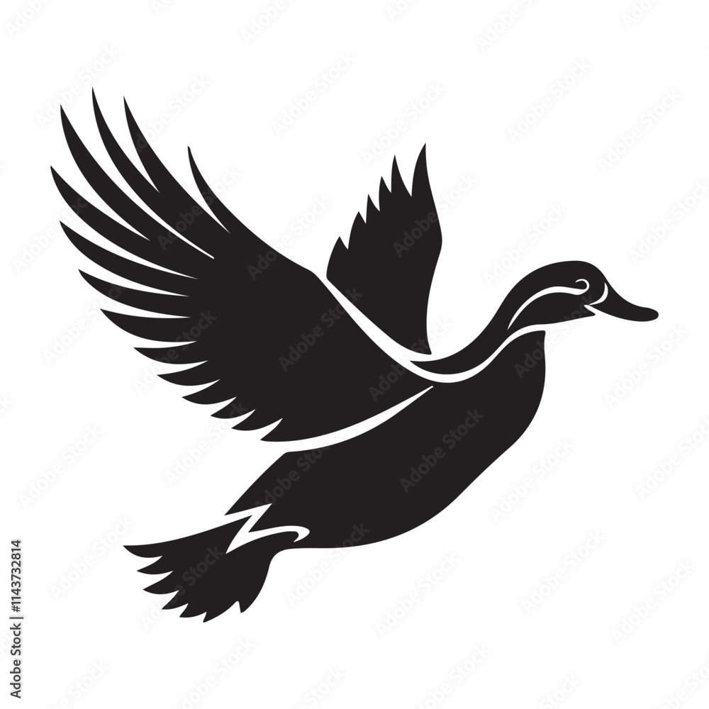 Fototapeta premium Flying duck silhouette isolated on white background, Minimal flying duck vector silhouette