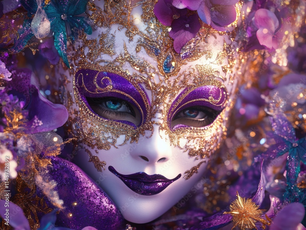 Person in purple and gold mask Person in purple and gold mask