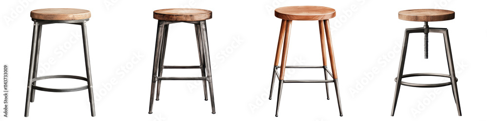 Variety of Stylish and Modern Wooden Stools with Metal Frames in Different Designs and Sizes for Home or Office Interiors Variety of Stylish and Modern Wooden Stools with Metal Frames in Different Designs and Sizes for Home or Office Interiors