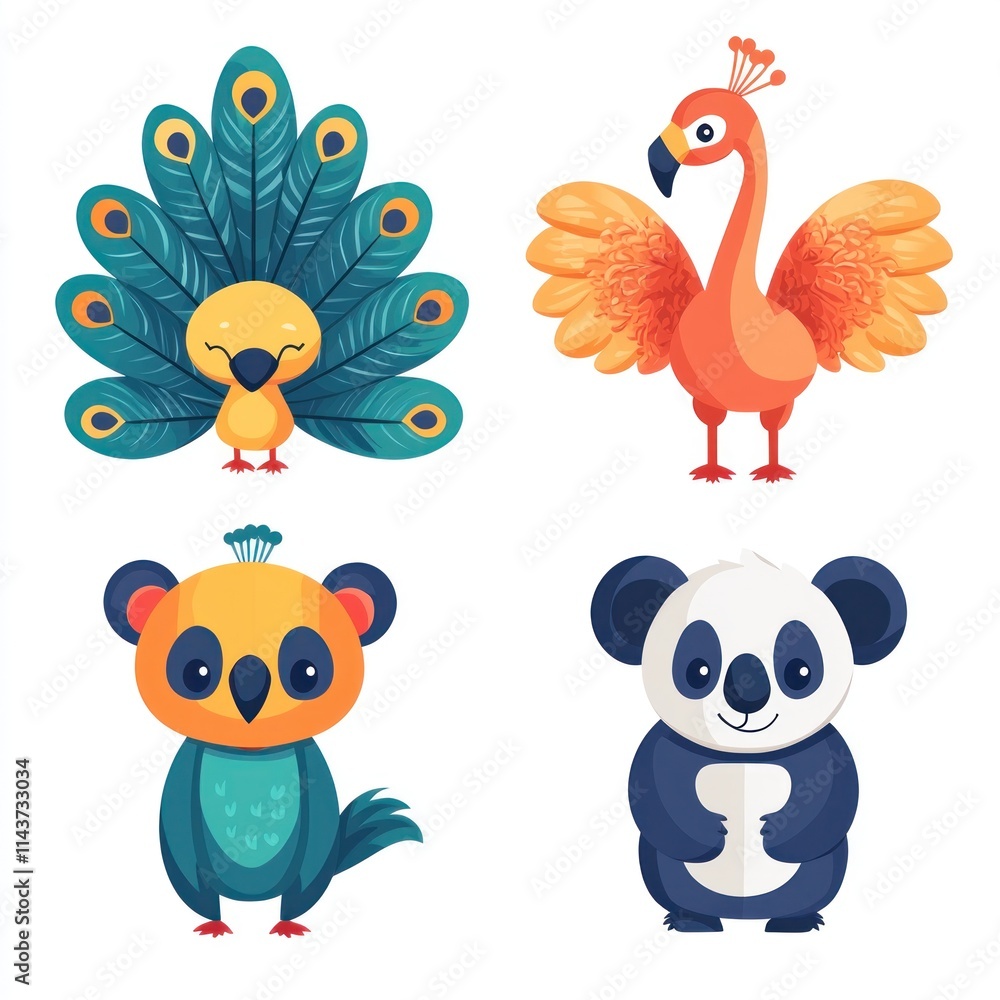 Fototapeta premium Colorful and Playful Cartoon Animals Featuring a Peacock, Flamingo, Koala, and Panda Ideal for Kids' Designs, Illustrations, and Educational Materials