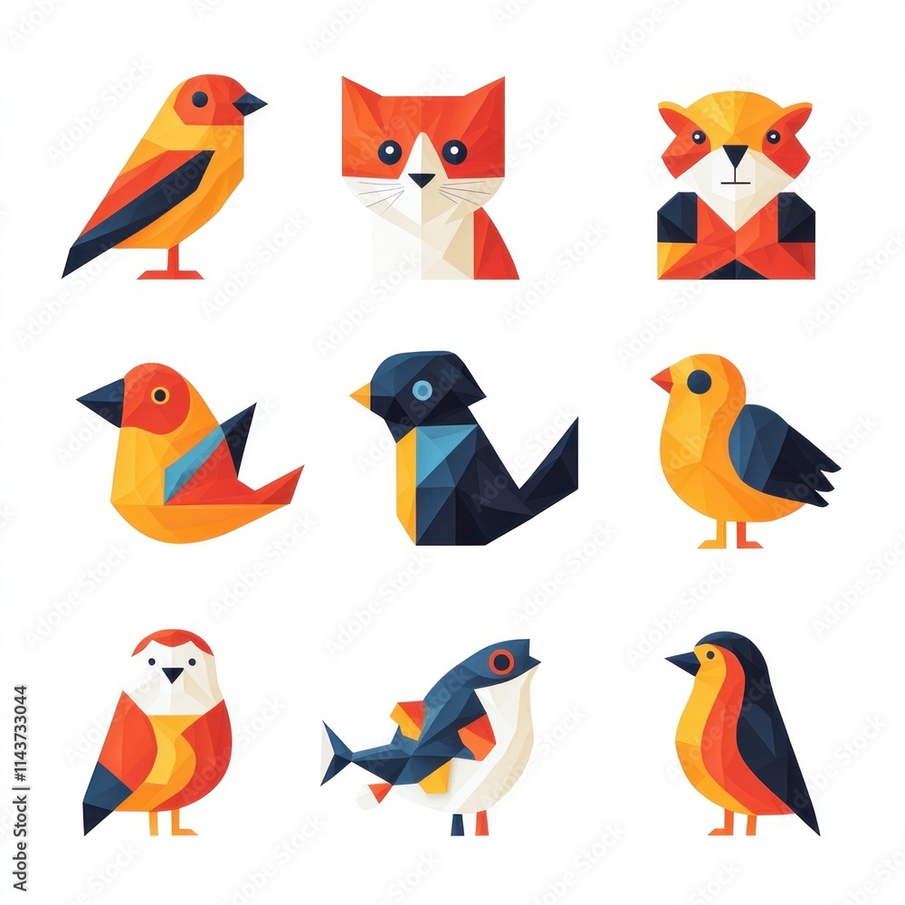 Colorful Geometric Animals Collection Featuring Birds and Fox in a Modern Art Style with Vibrant Shapes and Patterns Colorful Geometric Animals Collection Featuring Birds and Fox in a Modern Art Style with Vibrant Shapes and Patterns