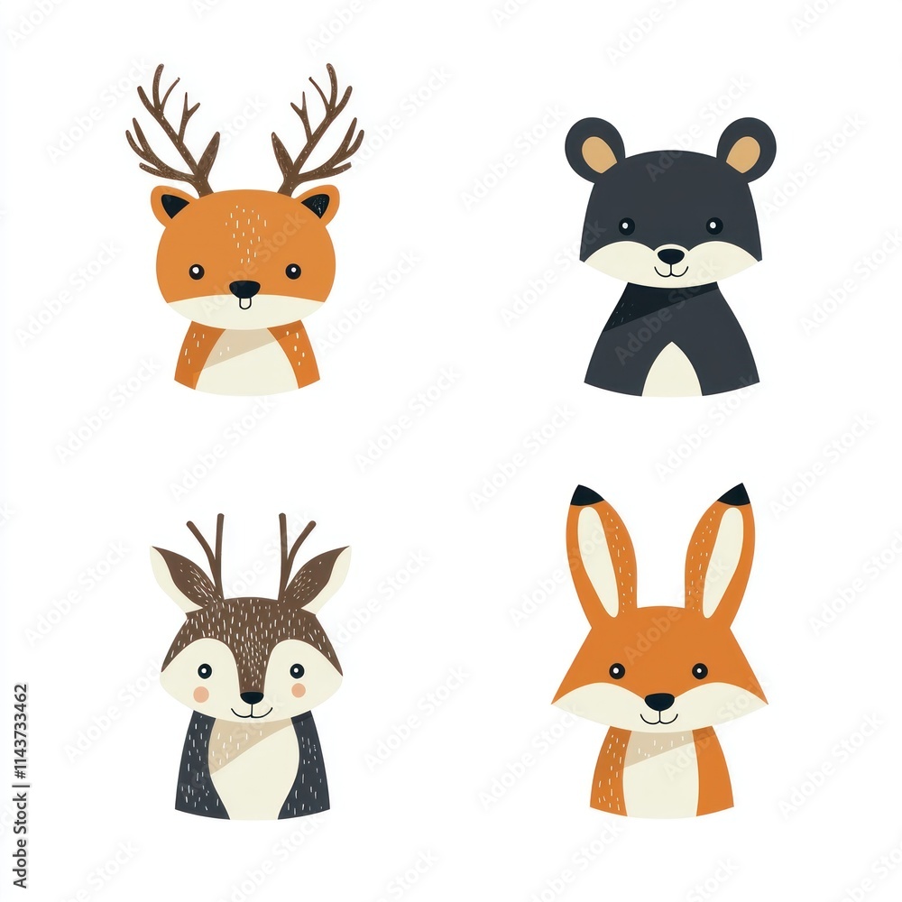 Fototapeta premium Cute Forest Animal Illustrations Featuring Fox, Bear, Deer, and Rabbit in Whimsical Style, Perfect for Kids' Decor, Educational Materials, and Graphic Design Projects