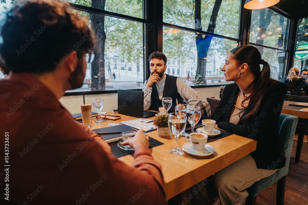 A group of business people engaged in a meeting at a stylish cafe. They are discussing ideas over coffee, highlighting teamwork and communication in a relaxed, informal setting. A group of business people engaged in a meeting at a stylish cafe. They are discussing ideas over coffee, highlighting teamwork and communication in a relaxed, informal setting.