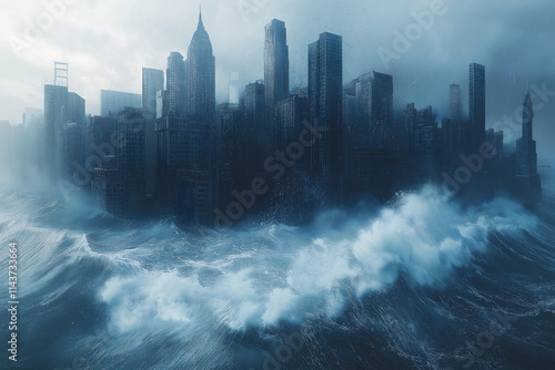 Surging waves engulf towering cities under dark stormy skies. #1143733664