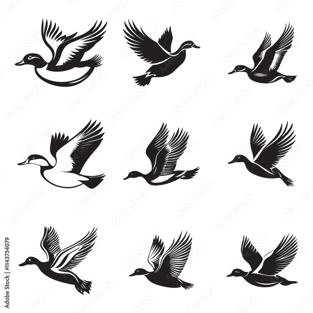 Obraz premium Flying duck set silhouette isolated on white background, Minimal flying duck vector silhouette