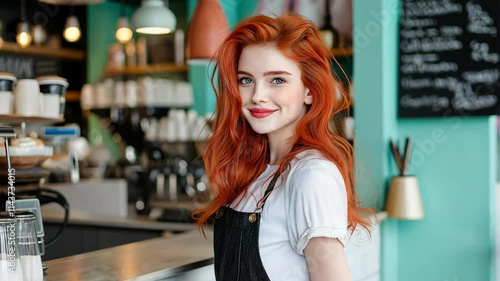 pretty red hair woman at coffee shop working as waitress photo