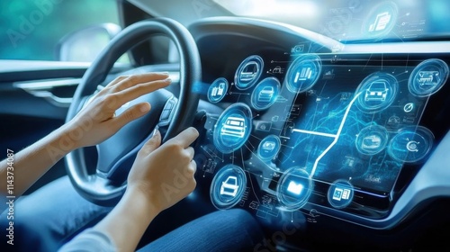 The driver's fingers click on various holographic images displayed on the car dashboard for intelligent driving