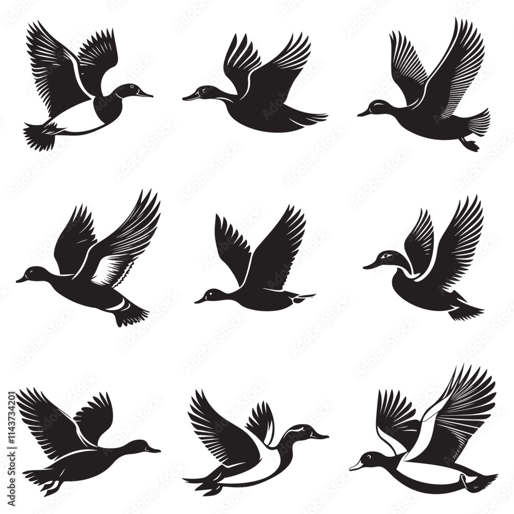 Obraz premium Flying duck set silhouette isolated on white background, Minimal flying duck vector silhouette