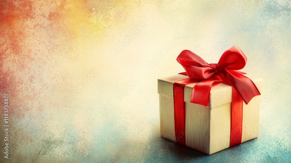 Festive Present Box with Bright Red Ribbon on Colorful Background Festive Present Box with Bright Red Ribbon on Colorful Background