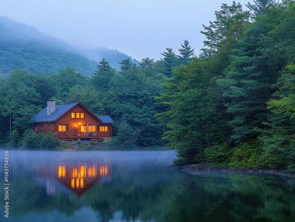 Fototapeta premium Misty Mountain Lakefront Cabin Retreat at Dusk