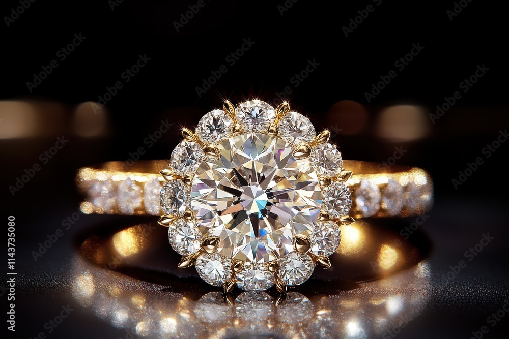 Macro photograph, diamond engagement ring cluster setting gold band sparkling gemstones Macro photograph, diamond engagement ring cluster setting gold band sparkling gemstones