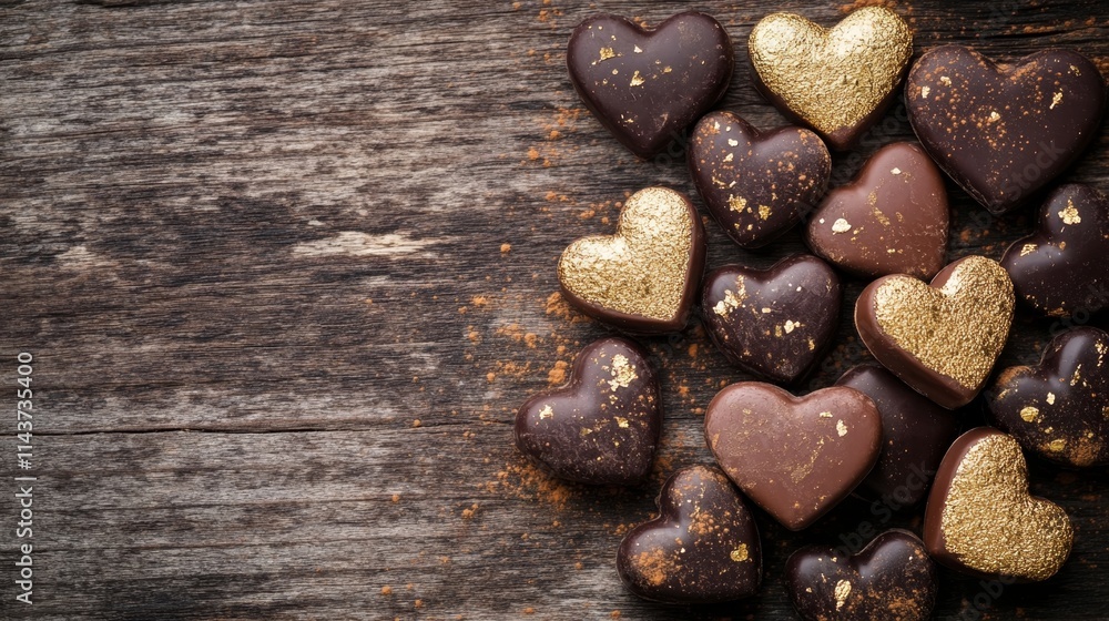 Assorted Heart-Shaped Chocolates on Rustic Wooden Background Assorted Heart-Shaped Chocolates on Rustic Wooden Background