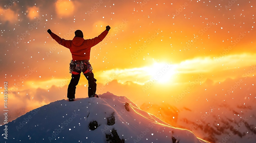 A climber celebrating on a snowy summit, silhouetted against a golden sunrise, with crisp mountain air and untouched snow glistening in the sunlight. A climber celebrating on a snowy summit, silhouetted against a golden sunrise, with crisp mountain air and untouched snow glistening in the sunlight.