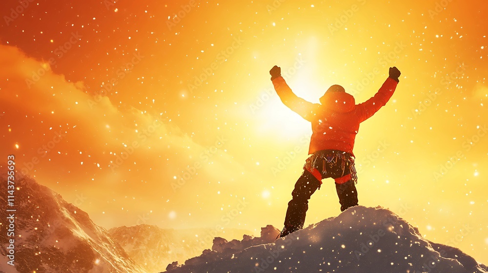 A climber celebrating on a snowy summit, silhouetted against a golden sunrise, with crisp mountain air and untouched snow glistening in the sunlight. A climber celebrating on a snowy summit, silhouetted against a golden sunrise, with crisp mountain air and untouched snow glistening in the sunlight.