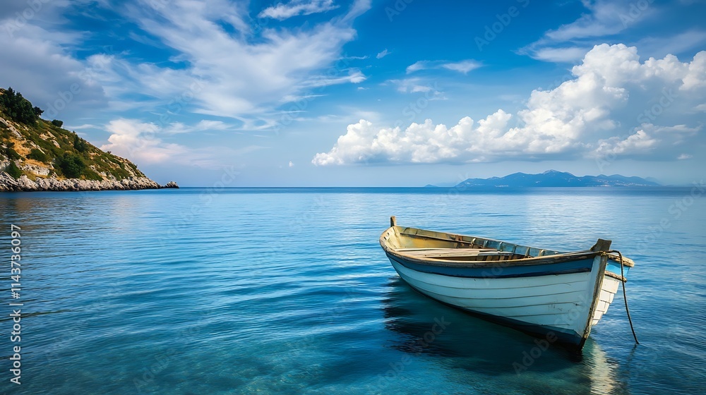 Tranquil Seascape with Small Boat. Concept of peace, serenity, and escape. Tranquil Seascape with Small Boat. Concept of peace, serenity, and escape.