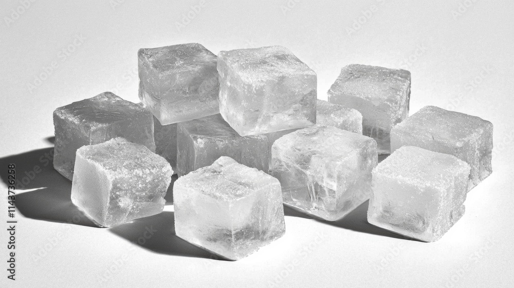 Clear ice cubes stacked neatly in a bright and minimalist setting featuring soft shadows and natural light Clear ice cubes stacked neatly in a bright and minimalist setting featuring soft shadows and natural light