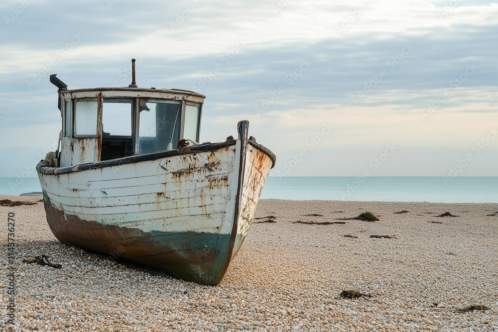 An old boat sits on the sandy beach by the ocean waves An old boat sits on the sandy beach by the ocean waves