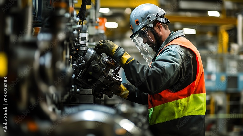 industrial worker wearing safety gear and operating a heavy machine in a factory setting, focus on concentration and precision. industrial worker wearing safety gear and operating a heavy machine in a factory setting, focus on concentration and precision.