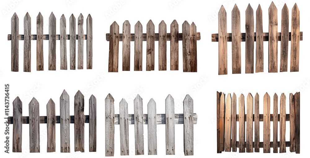 six variations of a picket fence. isolated on a transparent background the fences are made of wood and are in various states of wear and tear the top and bottom rails are in different positions to cre six variations of a picket fence. isolated on a transparent background the fences are made of wood and are in various states of wear and tear the top and bottom rails are in different positions to cre