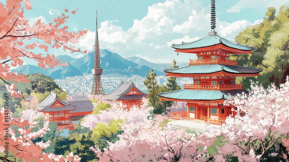 Obraz premium A painting of a city with cherry blossoms and a pagoda. The mood of the painting is serene and peaceful