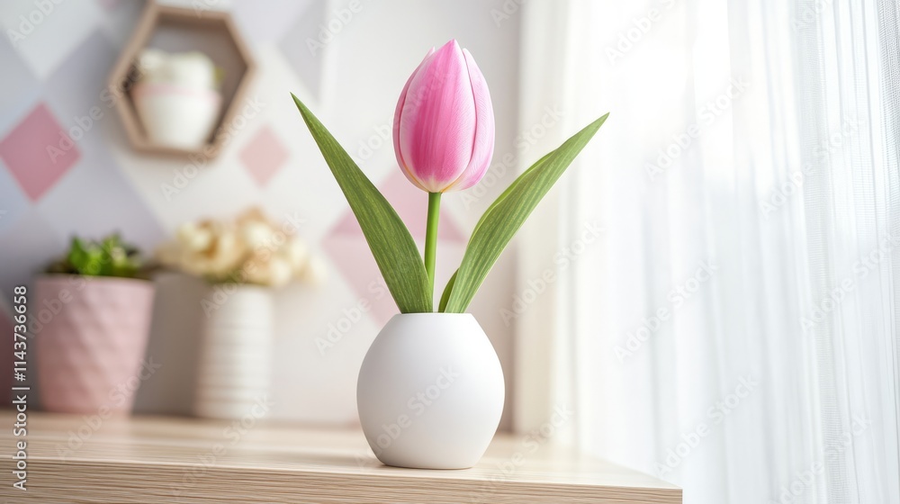 Single Pink Tulip with Slender Green Stem on Display Single Pink Tulip with Slender Green Stem on Display