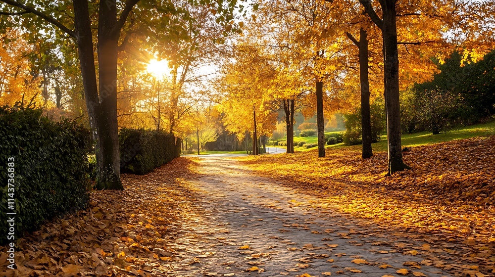 Obraz premium Autumn Path in a park. Concept of fall, nature, and tranquility.