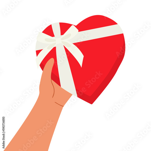 Hand holding red heart shaped gift box with white ribbon and bow. Valentines Day celebration. Vector illustration isolated on white background. 