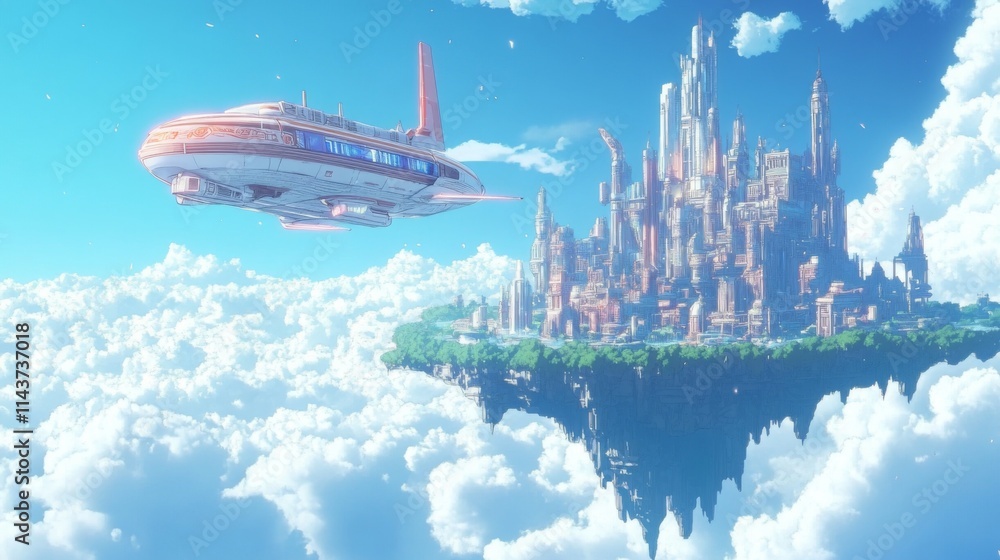 Futuristic airship flying over a cloud city. Futuristic airship flying over a cloud city.