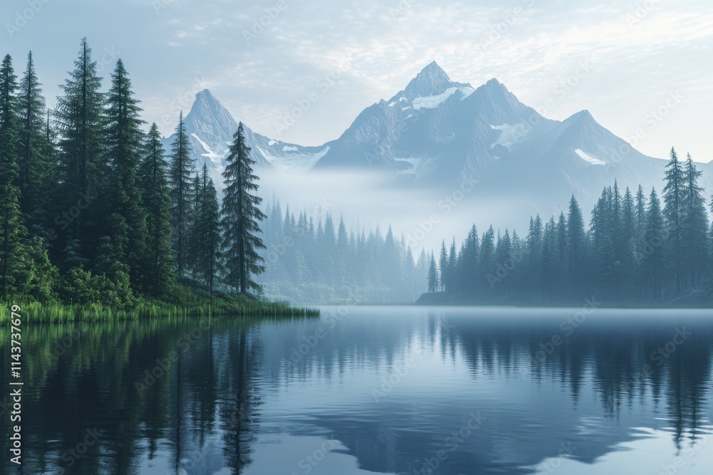 Majestic mountain landscape serene alpine lake evergreen forest reflective water surface Majestic mountain landscape serene alpine lake evergreen forest reflective water surface