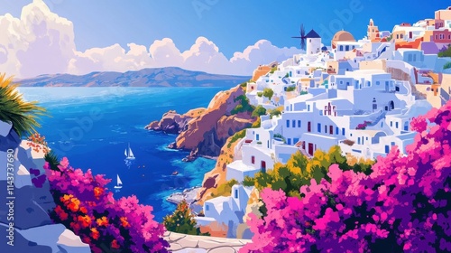 A painting of a small village with a blue ocean in the background. The village is full of white buildings and pink flowers