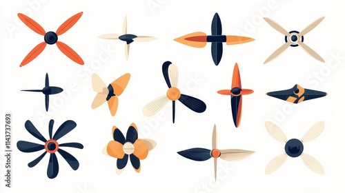 7.Collection of flat vector fan propellers isolated on a white background, showcasing multiple symmetrical propeller shapes with three, four, and five blades in varying colors and designs, suitable photo