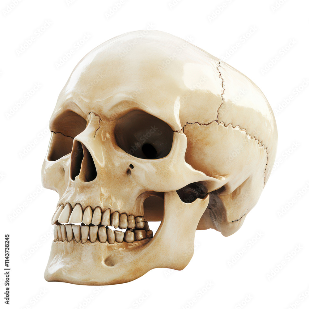 Obraz premium High-Resolution 3D Human Skull Isolated on White Background for Educational and Artistic Projects and Transparent background.