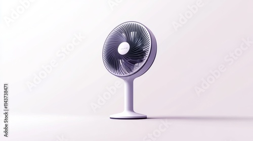 66.Vector illustration of an electric fan with a sturdy, cylindrical stand and rounded head, featuring three curved blades within a protective cage; clean lines and simple colors give the fan a photo