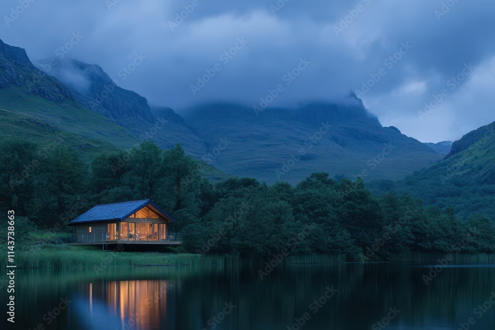 Fototapeta premium Tranquil Lakeside Cabin Retreat beneath Misty Mountain Twilight