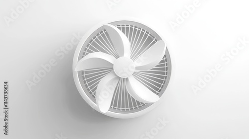 26.Vector illustration of a simple electric fan with three curved blades in a circular protective cage, set against a white background, showing clean lines and minimal detailing, ideal for graphic photo