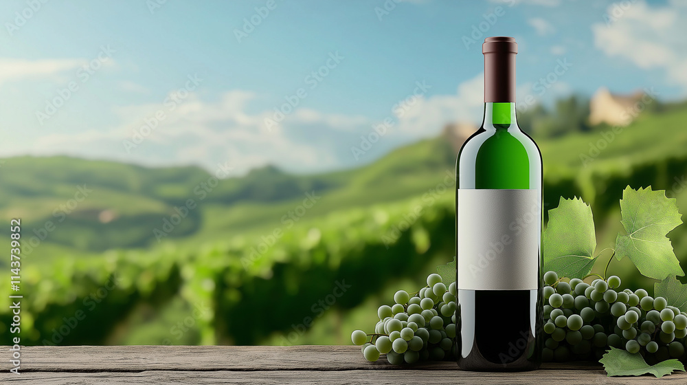 Wine Bottle in Vineyard Landscape | Green Bottle, Blank Label, Scenic Background Wine Bottle in Vineyard Landscape | Green Bottle, Blank Label, Scenic Background