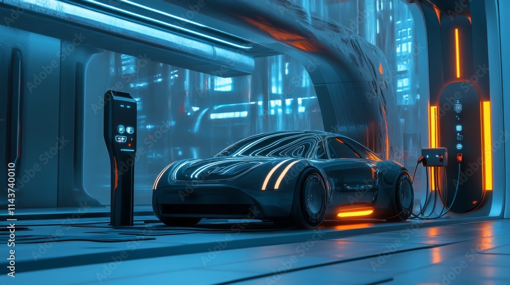 Futuristic electric car charging in a modern station. Futuristic electric car charging in a modern station.