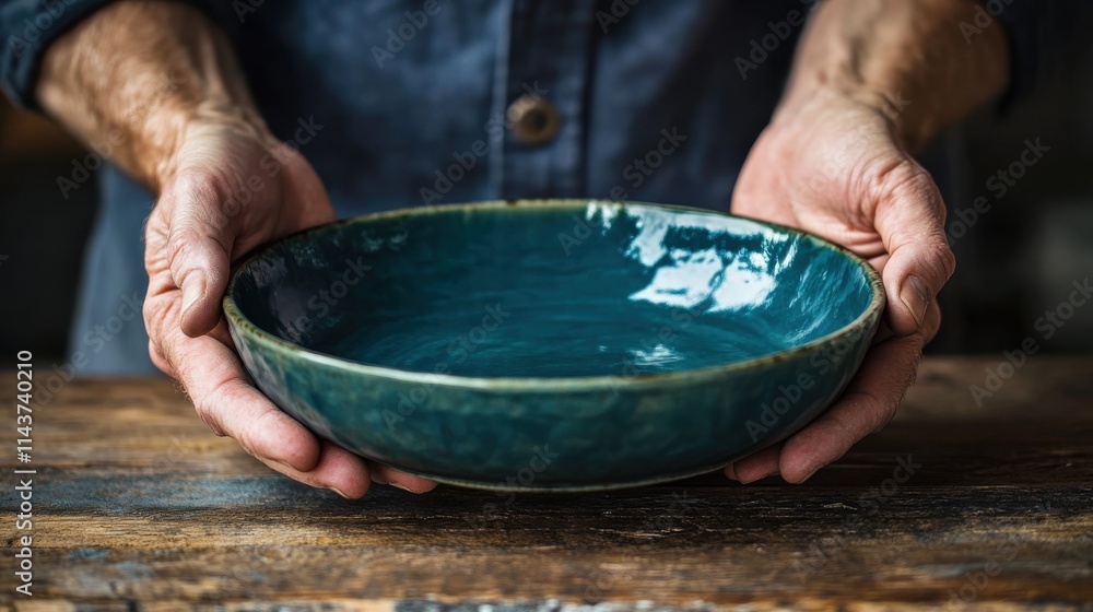 Obraz premium Close-up of potter’s hands applying glaze to a handcrafted bowl in a cozy workshop setting