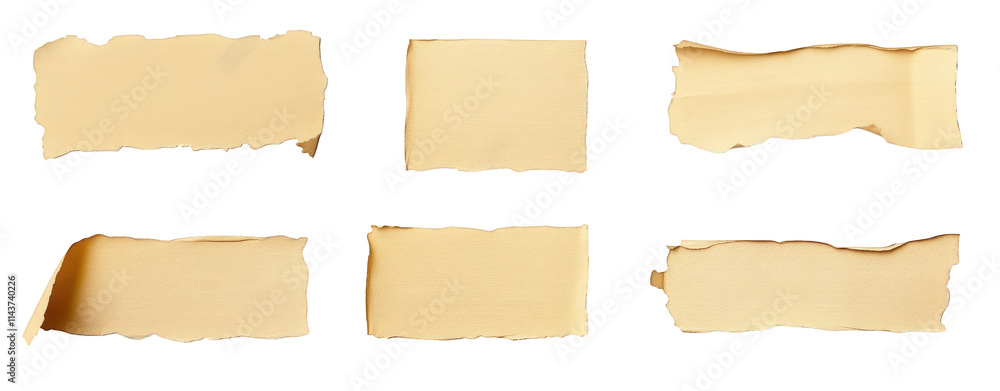 six different pieces of brown ripped paper with uneven edges isolated on a transparent background six different pieces of brown ripped paper with uneven edges isolated on a transparent background