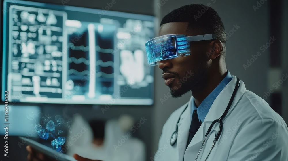 Healthcare worker utilizes augmented reality technology for enhanced patient analysis in modern medical facility Healthcare worker utilizes augmented reality technology for enhanced patient analysis in modern medical facility