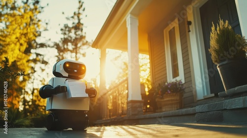 Household robot delivers mail to a person on a sunny day in a residential neighborhood photo