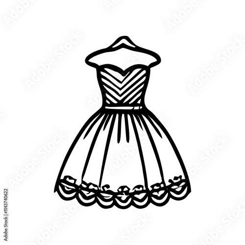 A minimalistic vector icon of an elegant dress featuring a strapless bodice with zigzag detailing and a flowy skirt adorned with lace patterns at the hem.