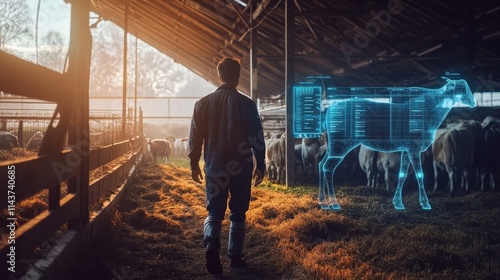 Farmer navigates barn with robotic cow companion during early morning light