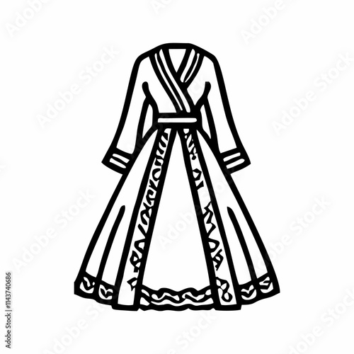 a vector icon of a traditional gown featuring long sleeves and a wrap-style bodice with intricate detailing on the borders of the skirt and cuffs.