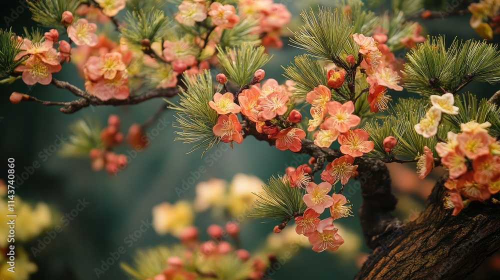 Evergreen tree paired with vibrant flowers in full bloom, creating a contrast of winter and spring themes. Evergreen tree paired with vibrant flowers in full bloom, creating a contrast of winter and spring themes.