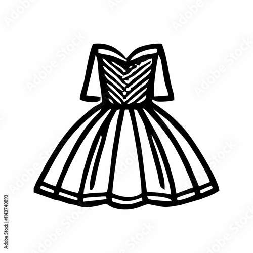 a vector icon of a dress with a structured design, featuring a fitted bodice and a flared skirt. It is simple and elegant, often used to represent fashion, clothing, or style-related themes.